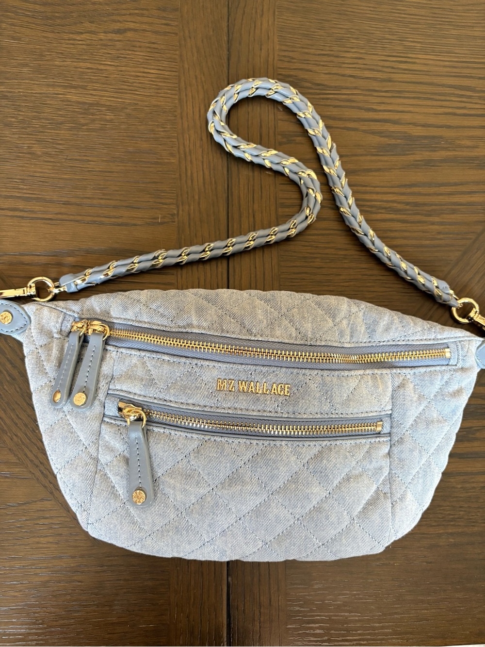 MZ Wallace Quilted Light Blue Crossbody Belt Bag with Gold Hardware - Picture 3 of 11
